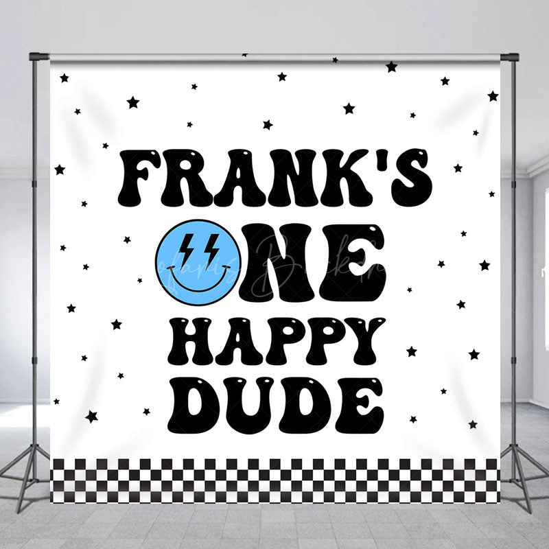 Lofaris Personalized One Happy Dude First Birthday Backdrop Groovy Retro Smiley Face Custom Name Party for Boy