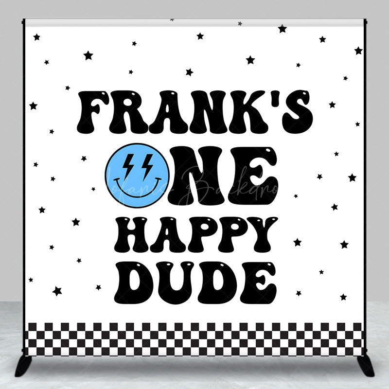Lofaris Personalized One Happy Dude First Birthday Backdrop Groovy Retro Smiley Face Custom Name Party for Boy
