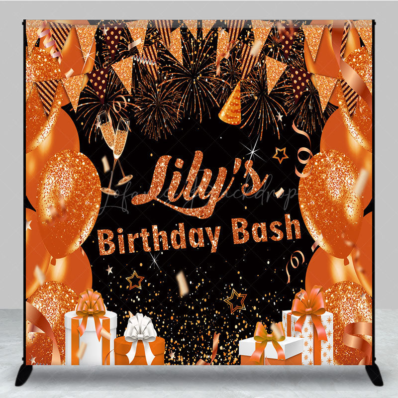 Lofaris Personalized Orange and Gold Birthday Bash Backdrop Glitter Balloons Fireworks Custom Name Party Decor