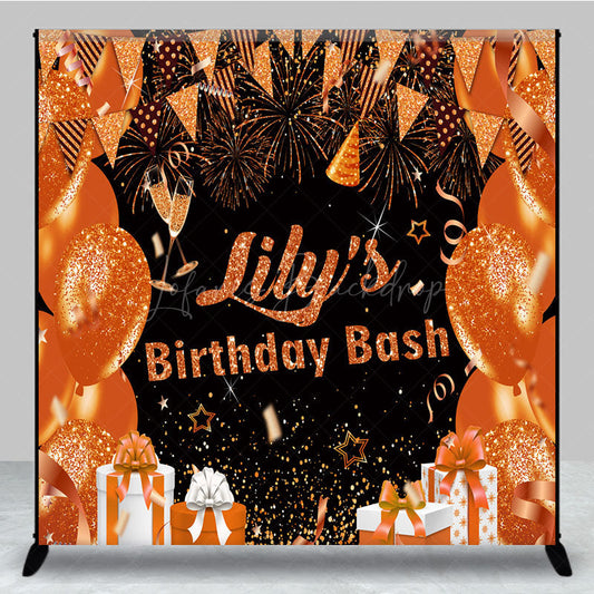 Lofaris Personalized Orange and Gold Birthday Bash Backdrop Glitter Balloons Fireworks Custom Name Party Decor