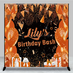 Lofaris Personalized Orange and Gold Birthday Bash Backdrop Glitter Balloons Fireworks Custom Name Party Decor