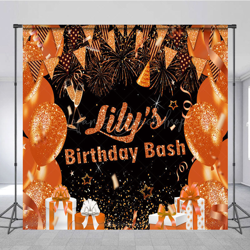 Lofaris Personalized Orange and Gold Birthday Bash Backdrop Glitter Balloons Fireworks Custom Name Party Decor