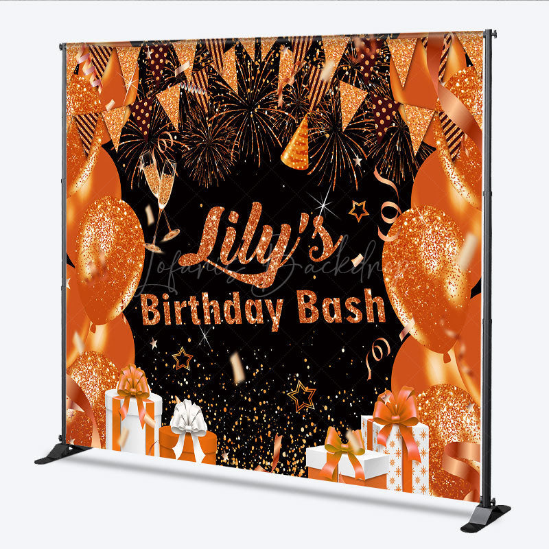 Lofaris Personalized Orange and Gold Birthday Bash Backdrop Glitter Balloons Fireworks Custom Name Party Decor
