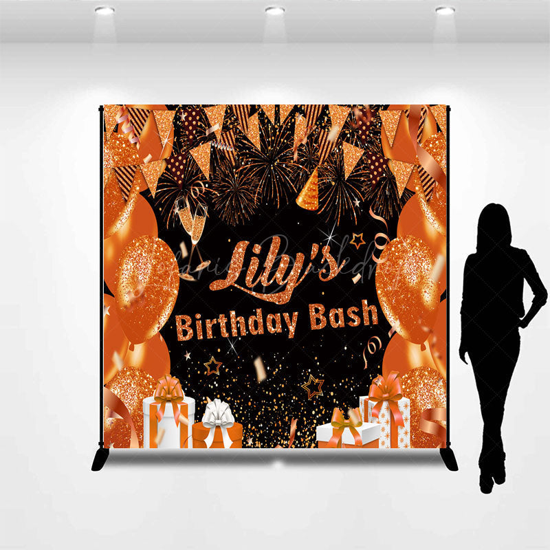 Lofaris Personalized Orange and Gold Birthday Bash Backdrop Glitter Balloons Fireworks Custom Name Party Decor