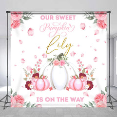 Lofaris Personalized Our Sweet Pumpkin is on the Way Backdrop Pink and White Floral Custom Name Girl Baby Shower Decor