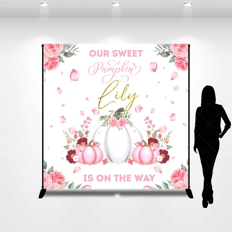 Lofaris Personalized Our Sweet Pumpkin is on the Way Backdrop Pink and White Floral Custom Name Girl Baby Shower Decor