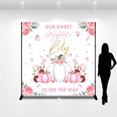 Lofaris Personalized Our Sweet Pumpkin is on the Way Backdrop Pink and White Floral Custom Name Girl Baby Shower Decor