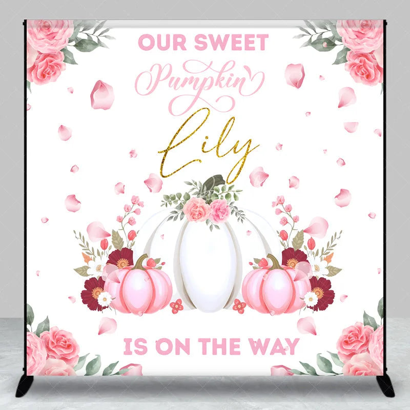 Lofaris Personalized Our Sweet Pumpkin is on the Way Backdrop Pink and White Floral Custom Name Girl Baby Shower Decor