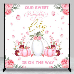 Lofaris Personalized Our Sweet Pumpkin is on the Way Backdrop Pink and White Floral Custom Name Girl Baby Shower Decor