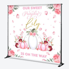 Lofaris Personalized Our Sweet Pumpkin is on the Way Backdrop Pink and White Floral Custom Name Girl Baby Shower Decor