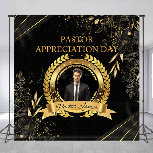 Lofaris Personalized Pastor Appreciation Day Backdrop Add Your Photo with Black and Gold Elegant Church Event Decor