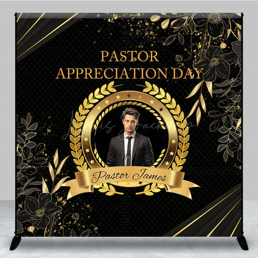 Lofaris Personalized Pastor Appreciation Day Backdrop Add Your Photo with Black and Gold Elegant Church Event Decor