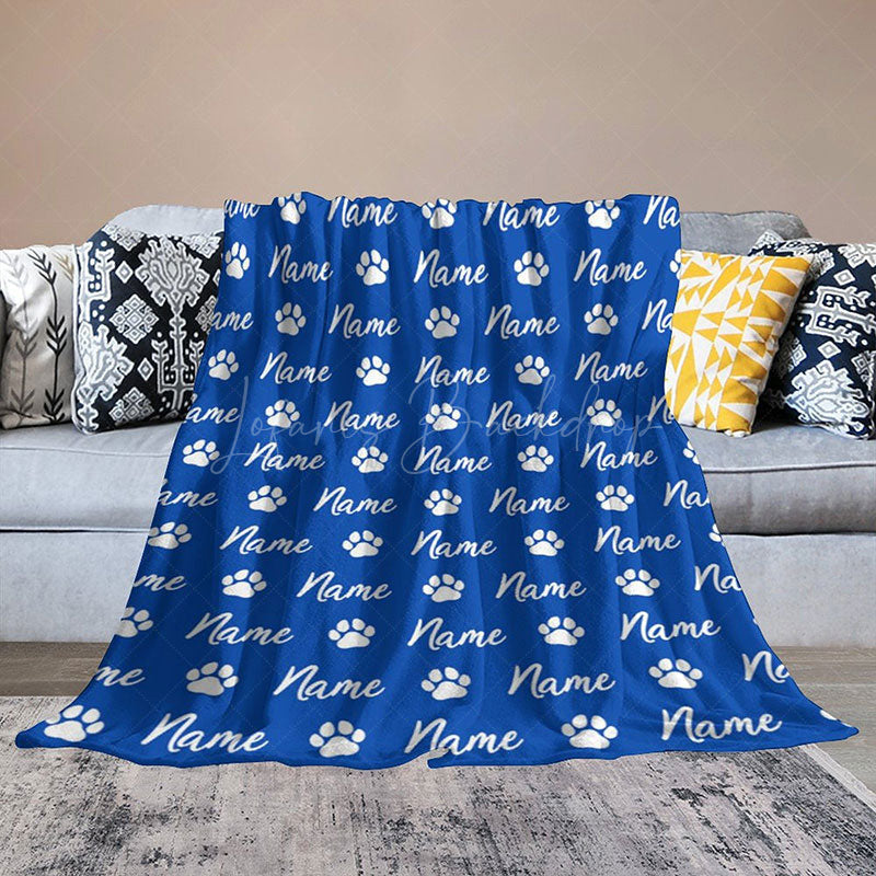 Lofaris Personalized Pet Blanket with Custom Name and Paw Prints for Dogs Cats Blue Cozy Bed Throw