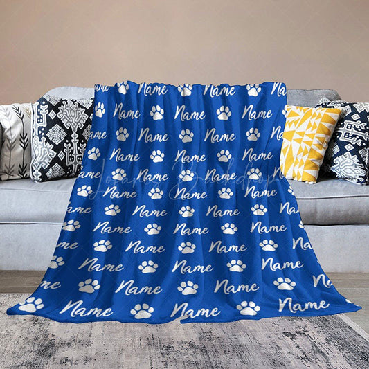 Lofaris Personalized Pet Blanket with Custom Name and Paw Prints for Dogs Cats Blue Cozy Bed Throw