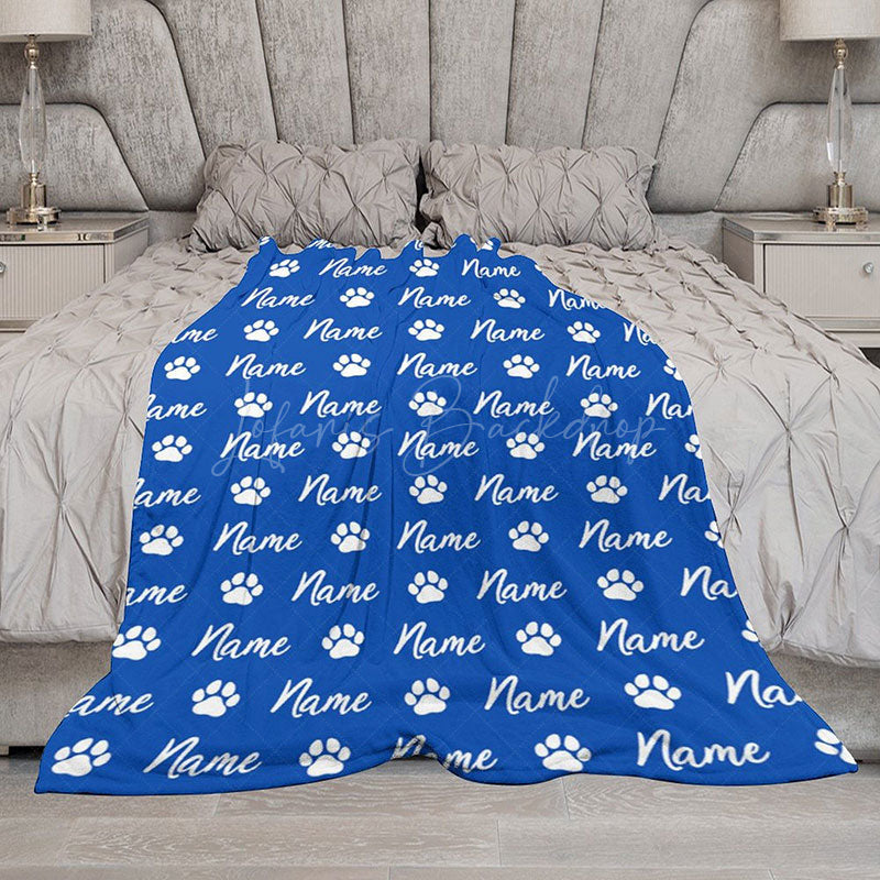 Lofaris Personalized Pet Blanket with Custom Name and Paw Prints for Dogs Cats Blue Cozy Bed Throw