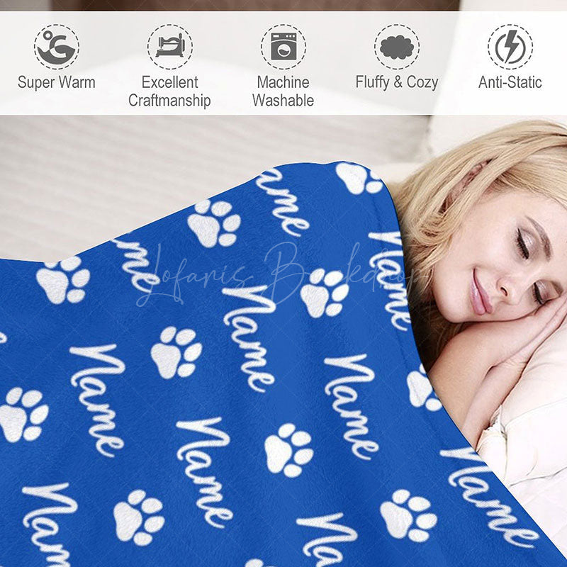 Lofaris Personalized Pet Blanket with Custom Name and Paw Prints for Dogs Cats Blue Cozy Bed Throw