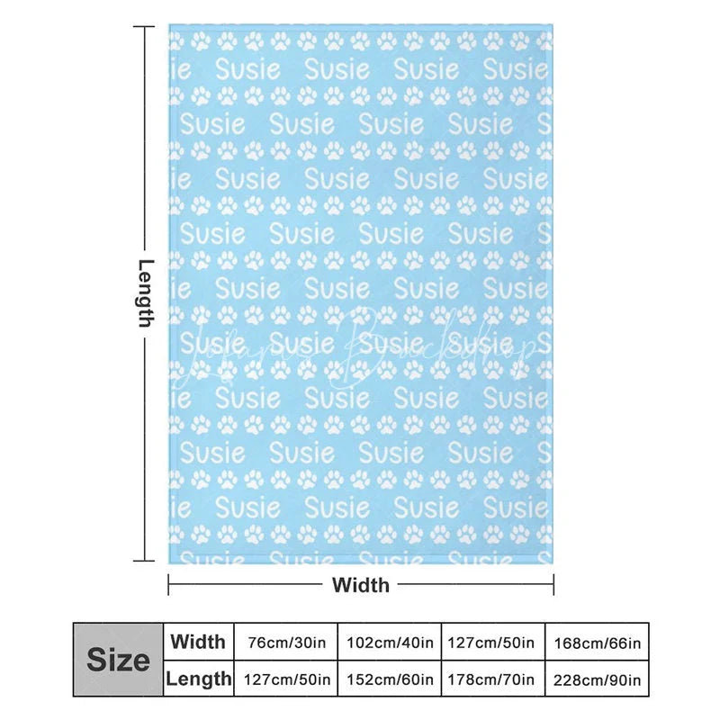 Lofaris Personalized Pet Blanket with Custom Name and Paw Prints Light Blue Cozy Throw for Dogs Cats Lover Gift