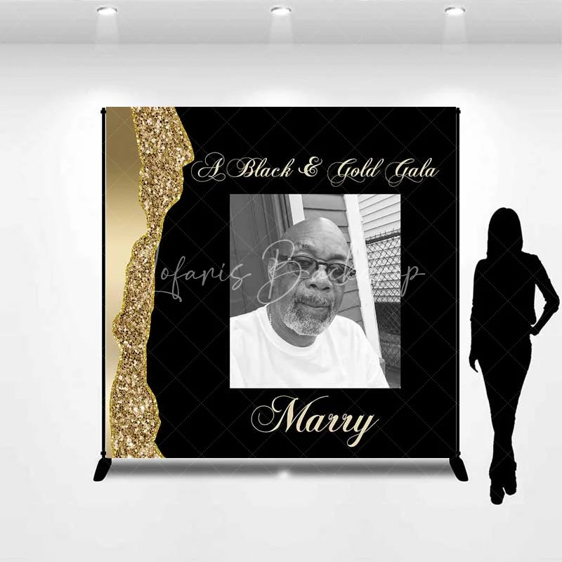 Lofaris Personalized Photo Custom Birthday Backdrop Black and Gold Glitter Gala Men Women Party Photography Background