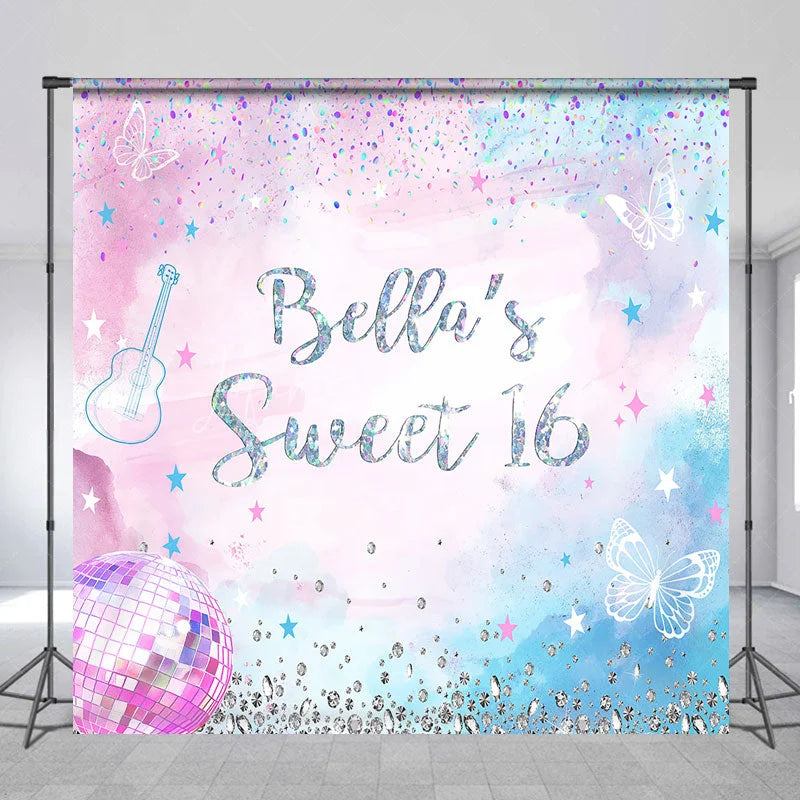 Lofaris Personalized Pink and Blue Glitter Sweet Sixteen Custom Backdrop with Butterflies Disco Ball for Birthday Party