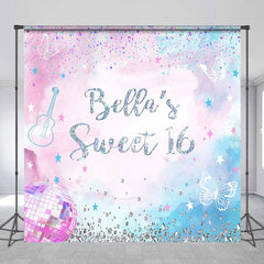 Lofaris Personalized Pink and Blue Glitter Sweet Sixteen Custom Backdrop with Butterflies Disco Ball for Birthday Party