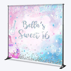 Lofaris Personalized Pink and Blue Glitter Sweet Sixteen Custom Backdrop with Butterflies Disco Ball for Birthday Party