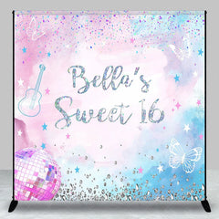 Lofaris Personalized Pink and Blue Glitter Sweet Sixteen Custom Backdrop with Butterflies Disco Ball for Birthday Party