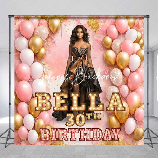 Lofaris Personalized Pink and Gold Balloons Birthday Custom Backdrop Elegant Woman in Gown Celebration Banner