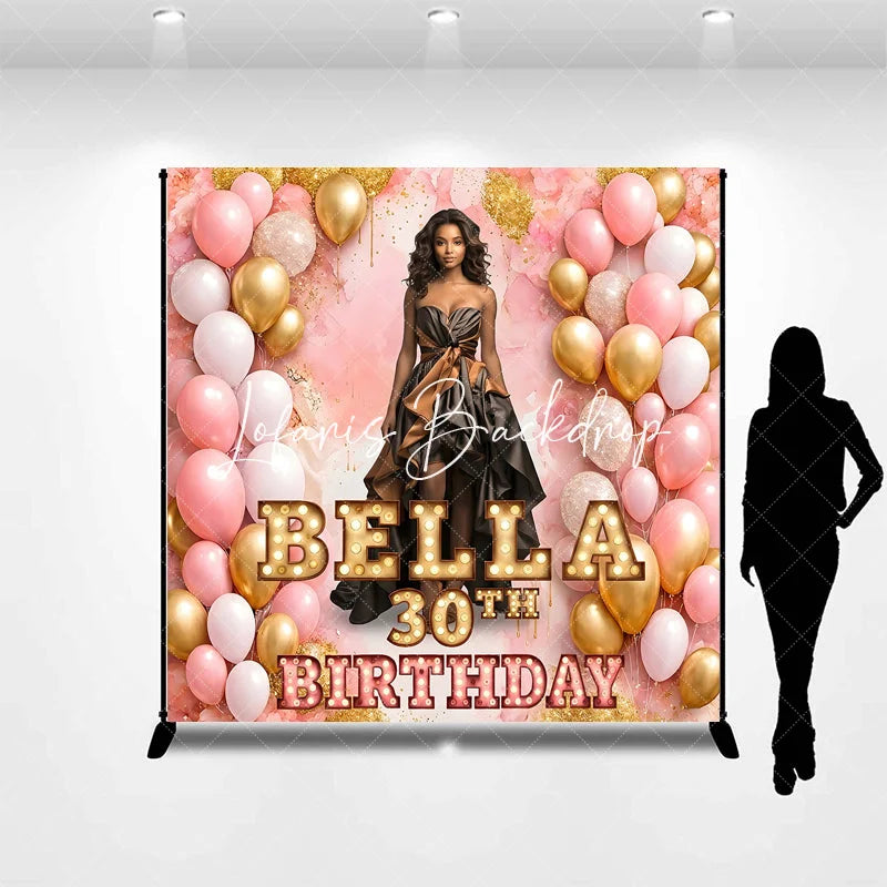 Lofaris Personalized Pink and Gold Balloons Birthday Custom Backdrop Elegant Woman in Gown Celebration Banner