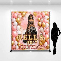 Lofaris Personalized Pink and Gold Balloons Birthday Custom Backdrop Elegant Woman in Gown Celebration Banner