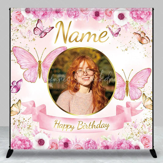 Lofaris Personalized Pink Floral Butterfly Custom Backdrop with Golden Glitter Photo Frame for Happy Birthday Party.