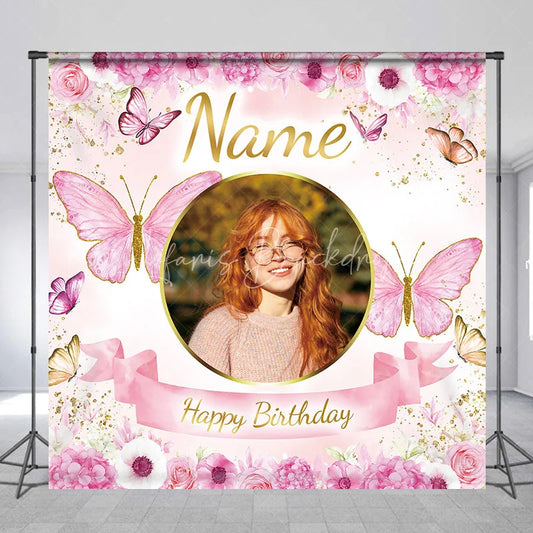 Lofaris Personalized Pink Floral Butterfly Custom Backdrop with Golden Glitter Photo Frame for Happy Birthday Party.