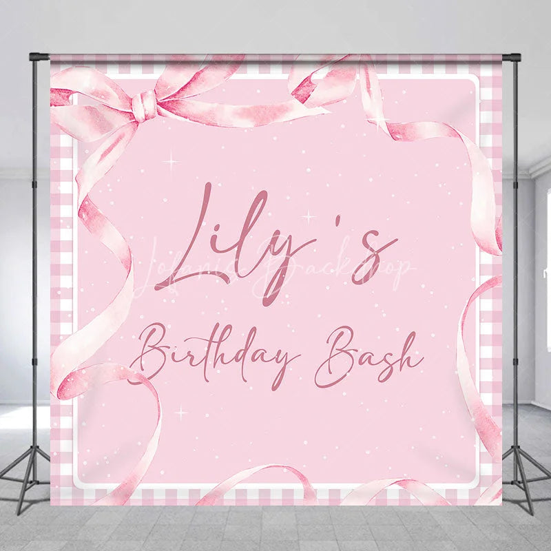 Lofaris Personalized Pink Gingham Birthday Bash Custom Backdrop featuring Elegant Watercolor Ribbons and Bow for Girls Party