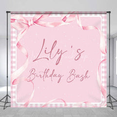 Lofaris Personalized Pink Gingham Birthday Bash Custom Backdrop featuring Elegant Watercolor Ribbons and Bow for Girls Party