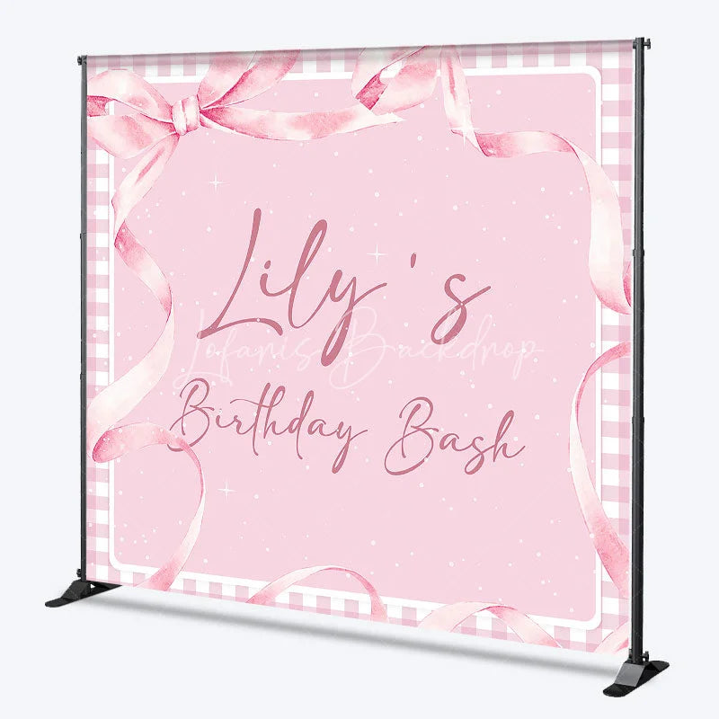 Lofaris Personalized Pink Gingham Birthday Bash Custom Backdrop featuring Elegant Watercolor Ribbons and Bow for Girls Party