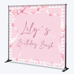 Lofaris Personalized Pink Gingham Birthday Bash Custom Backdrop featuring Elegant Watercolor Ribbons and Bow for Girls Party