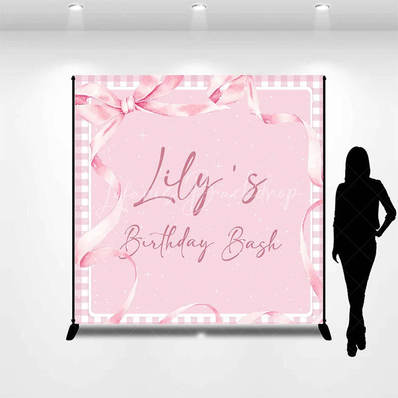 Lofaris Personalized Pink Gingham Birthday Bash Custom Backdrop featuring Elegant Watercolor Ribbons and Bow for Girls Party