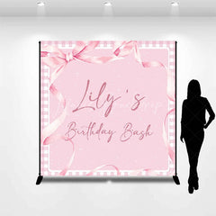 Lofaris Personalized Pink Gingham Birthday Bash Custom Backdrop featuring Elegant Watercolor Ribbons and Bow for Girls Party