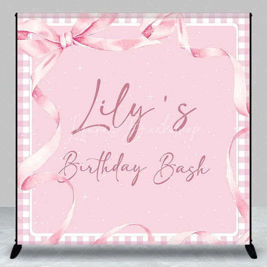 Lofaris Personalized Pink Gingham Birthday Bash Custom Backdrop featuring Elegant Watercolor Ribbons and Bow for Girls Party