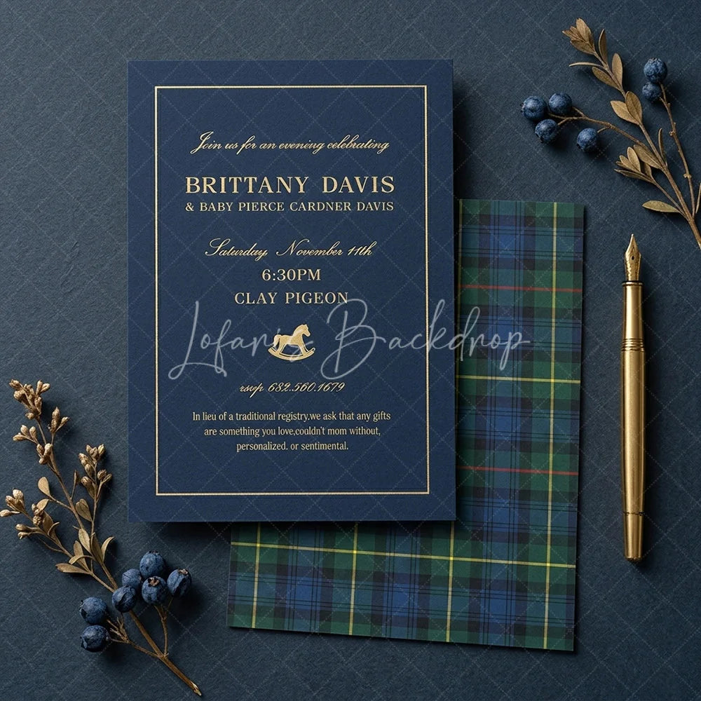 Lofaris Personalized Plaid Rocking Horse Baby Shower Invitation Custom Dark Blue and Gold Celebration Design