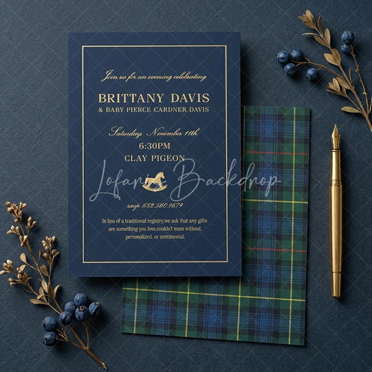 Lofaris Personalized Plaid Rocking Horse Baby Shower Invitation Custom Dark Blue and Gold Celebration Design