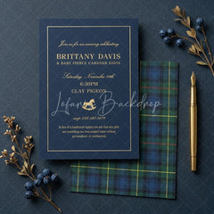 Lofaris Personalized Plaid Rocking Horse Baby Shower Invitation Custom Dark Blue and Gold Celebration Design