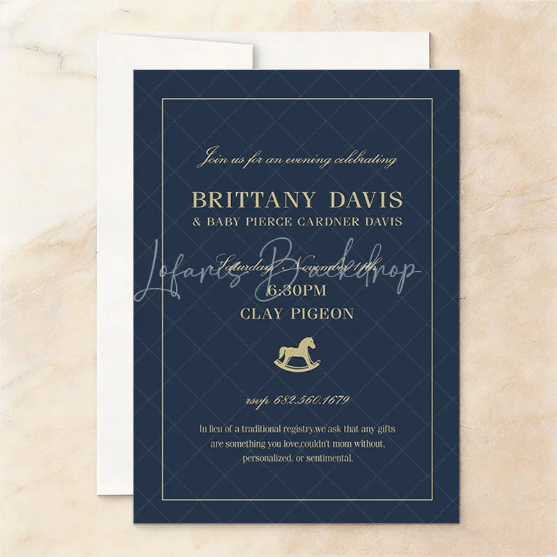Lofaris Personalized Plaid Rocking Horse Baby Shower Invitation Custom Dark Blue and Gold Celebration Design