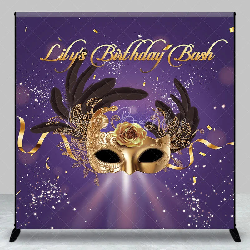 Lofaris Personalized Purple and Gold Masquerade Mask Custom Backdrop for Birthday Bash Party Featuring Feathers Rose