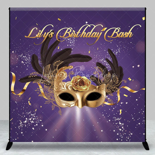 Lofaris Personalized Purple and Gold Masquerade Mask Custom Backdrop for Birthday Bash Party Featuring Feathers Rose