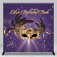 Lofaris Personalized Purple and Gold Masquerade Mask Custom Backdrop for Birthday Bash Party Featuring Feathers Rose