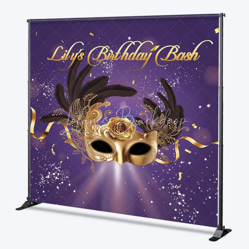 Lofaris Personalized Purple and Gold Masquerade Mask Custom Backdrop for Birthday Bash Party Featuring Feathers Rose