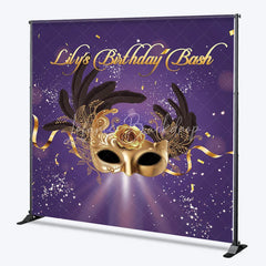 Lofaris Personalized Purple and Gold Masquerade Mask Custom Backdrop for Birthday Bash Party Featuring Feathers Rose