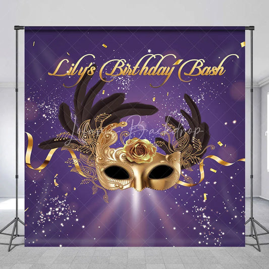 Lofaris Personalized Purple and Gold Masquerade Mask Custom Backdrop for Birthday Bash Party Featuring Feathers Rose