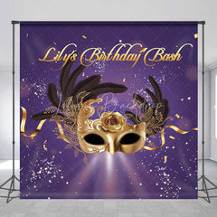 Lofaris Personalized Purple and Gold Masquerade Mask Custom Backdrop for Birthday Bash Party Featuring Feathers Rose
