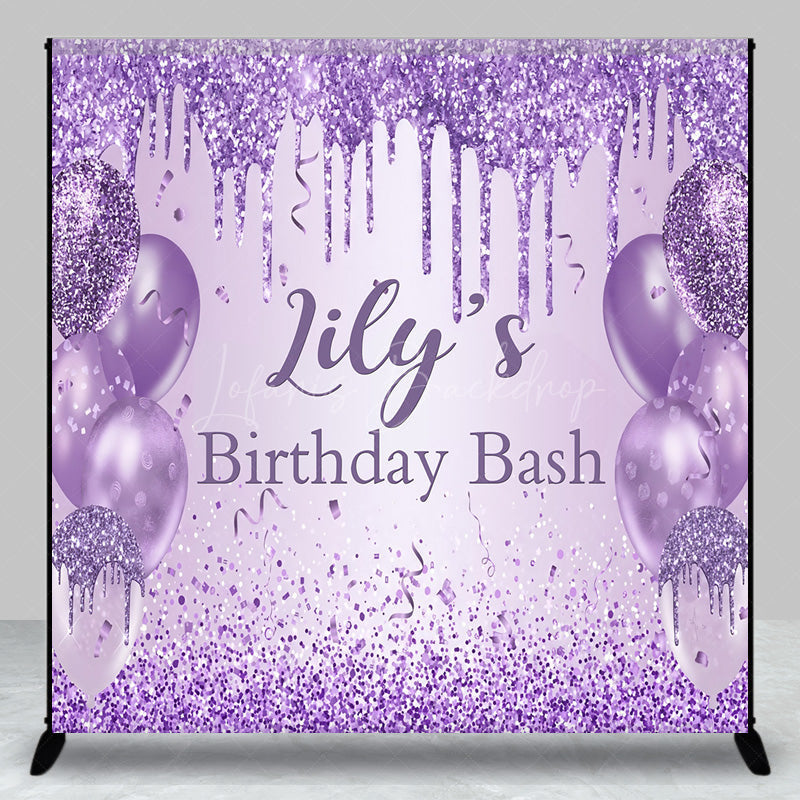 Lofaris Personalized Purple Glitter Birthday Backdrop Glam Drip and Balloons Party Decor Custom Name Bash Banner